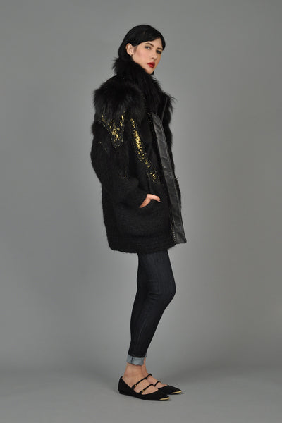 Hand-Painted Mohair Coat w/Leather + Fur Trim