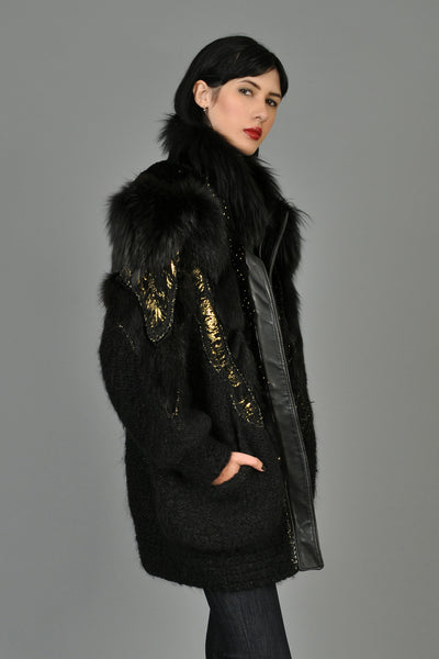 Hand-Painted Mohair Coat w/Leather + Fur Trim