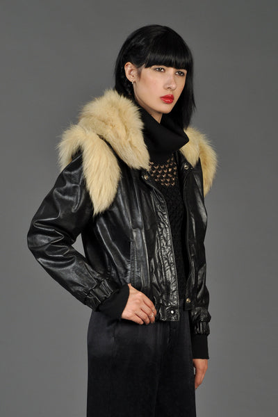 Fox Fur Shoulders Leather Biker Jacket