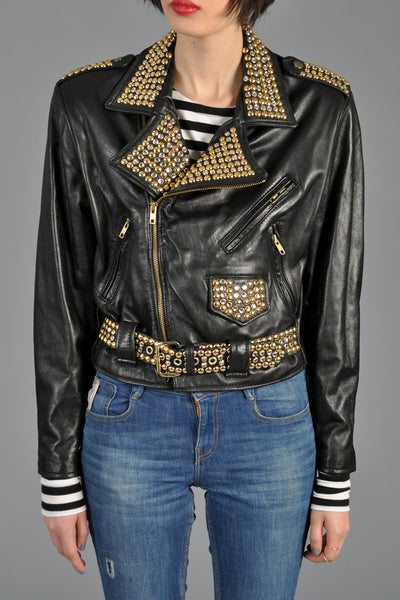 Gold Jewel Studded Leather Biker Jacket