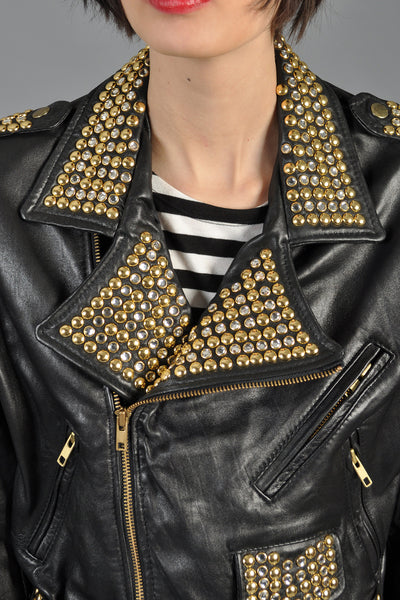 Gold Jewel Studded Leather Biker Jacket