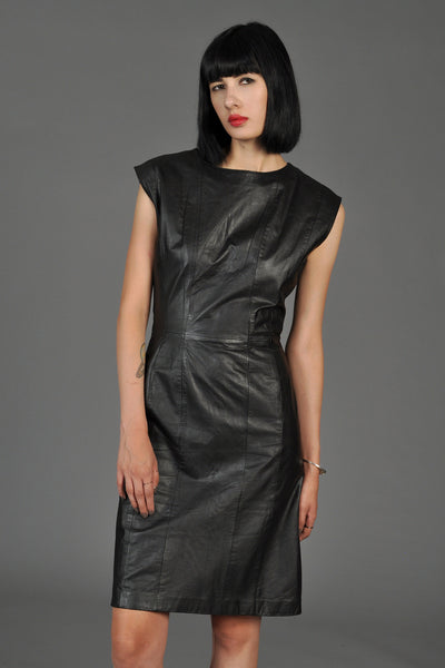 Simple Black 1980s Leather Staple Dress