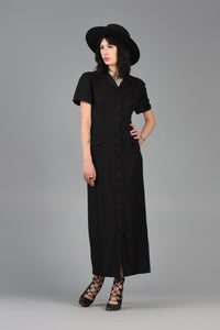 Black Button Front Minimalist Linen Maxi Dress