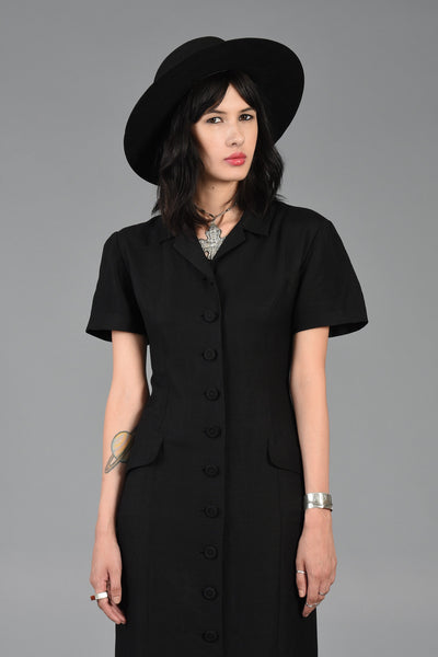 Black Button Front Minimalist Linen Maxi Dress