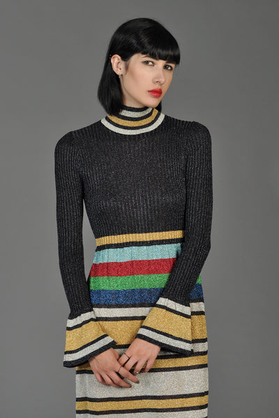 Metallic Rainbow Stripe Rib Knit Maxi Dress