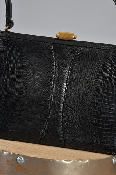 Massive 1960s Black Lizard Skin Handbag