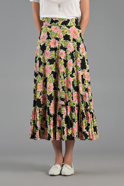 Happy 1940s Sketched Floral Maxi Skirt w/Ruffled Hem