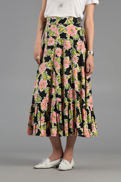 Happy 1940s Sketched Floral Maxi Skirt w/Ruffled Hem