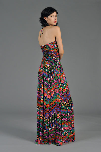 Cascading Floral Mosaic Ruched Maxi Dress