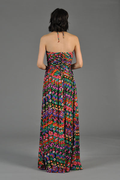 Cascading Floral Mosaic Ruched Maxi Dress