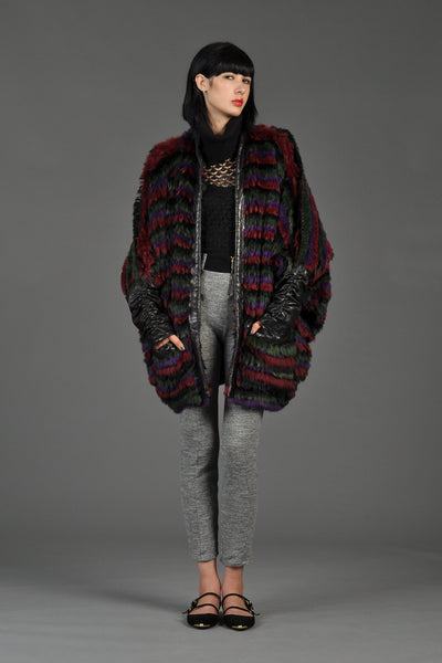 Striped Fox Fur + Knit Coat with Leather Sleeves
