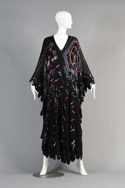 Superb 1980s Sequin + Bead Encrusted Caftan Dress