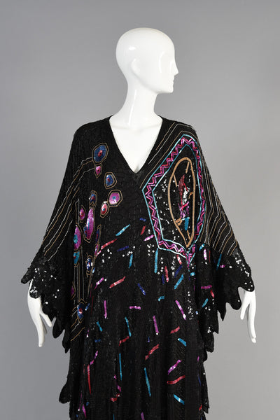 Superb 1980s Sequin + Bead Encrusted Caftan Dress