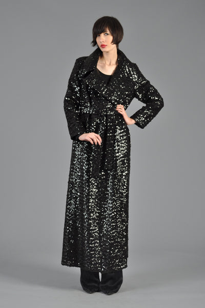 Black Sequin Belted Maxi Trench Coat