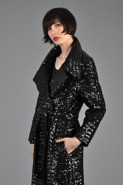 Black Sequin Belted Maxi Trench Coat