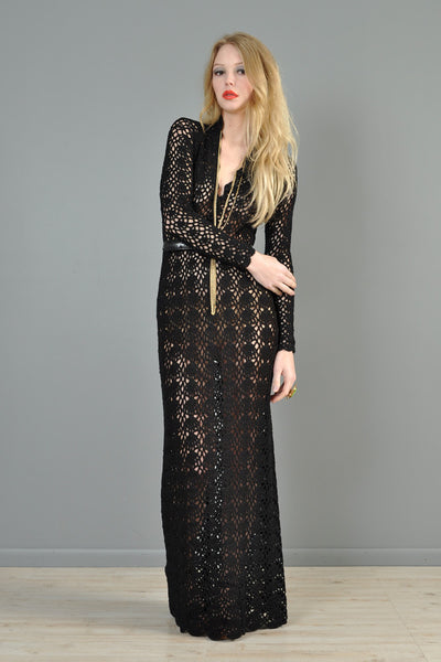 Black 1970s Hand Crocheted Plunging Maxi Gown