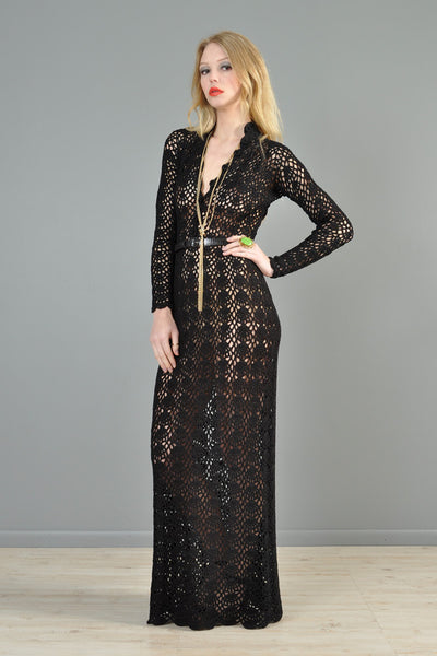 Black 1970s Hand Crocheted Plunging Maxi Gown