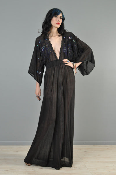 Beaded + Embroidered Peacock Plunging Gauze Maxi Gown