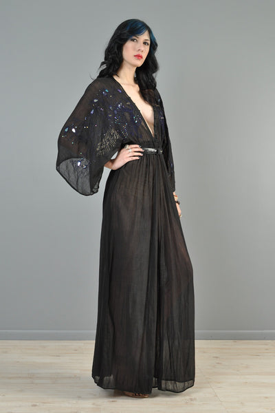 Beaded + Embroidered Peacock Plunging Gauze Maxi Gown