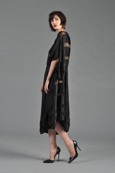 Sheer Black Silk Striped Dress with Kimono Sleeves