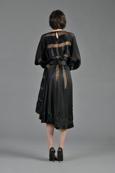 Sheer Black Silk Striped Dress with Kimono Sleeves