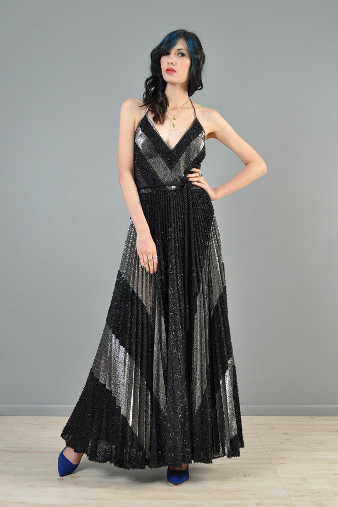 Metallic Silver + Black 1970s Pleated Maxi Gown