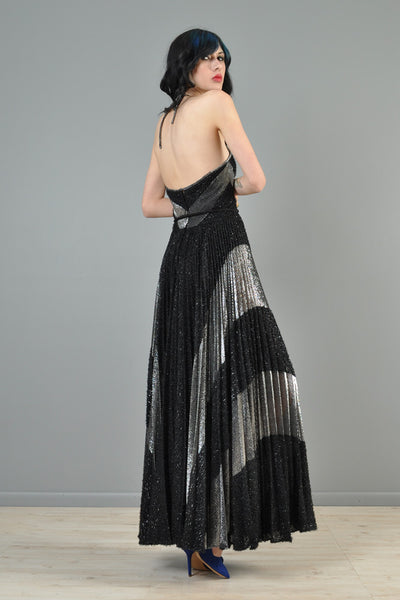 Metallic Silver + Black 1970s Pleated Maxi Gown