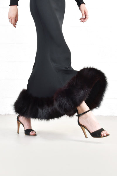 Odelia Slinky Black Maxi Dress with Fox Fur Trim