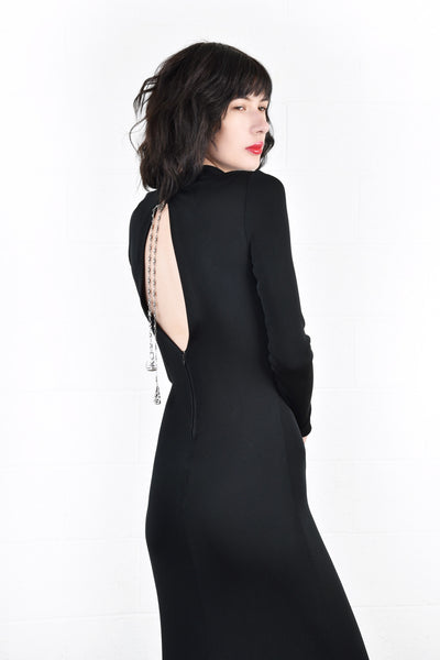 Odelia Slinky Black Maxi Dress with Fox Fur Trim