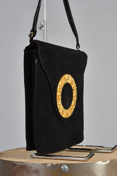 Black 60s Adjustable Handbag w/Gold Metal Zodiac Motif