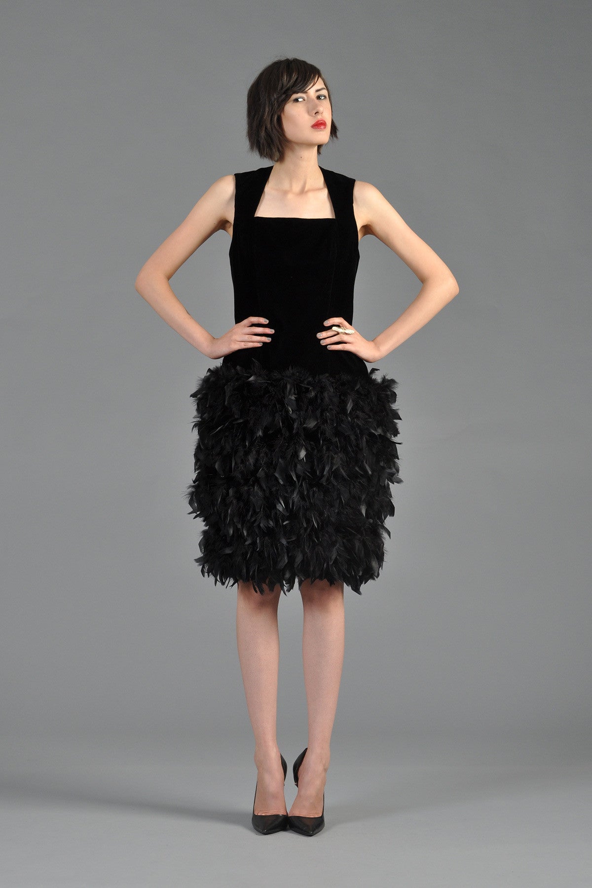 Black 1990s Velvet Cocktail Dress w/Feathered Skirt
