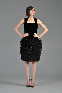 Black 1990s Velvet Cocktail Dress w/Feathered Skirt