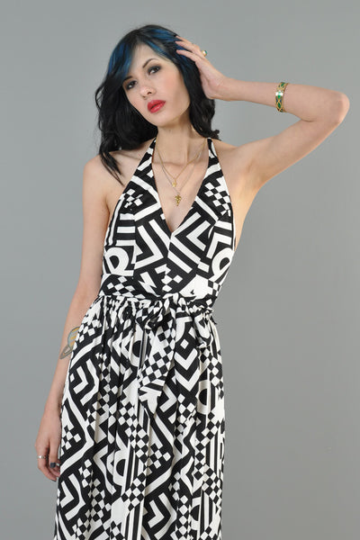 Black + White 1970s Geometric Plunging Maxi Dress