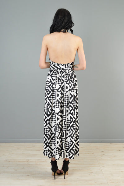 Black + White 1970s Geometric Plunging Maxi Dress