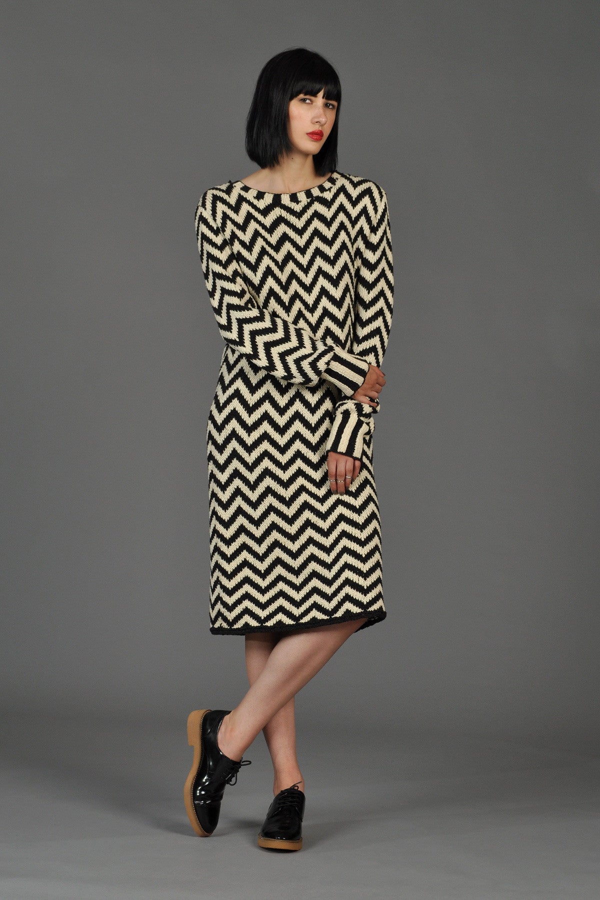 Black + White Chevron Stripe Knit Silk Sweater Dress