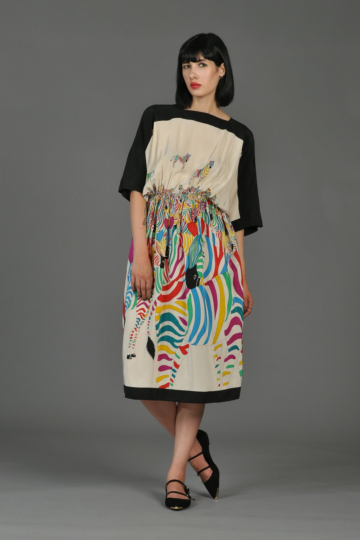 Black + White Silk Dress with Graphic Rainbow Zebras
