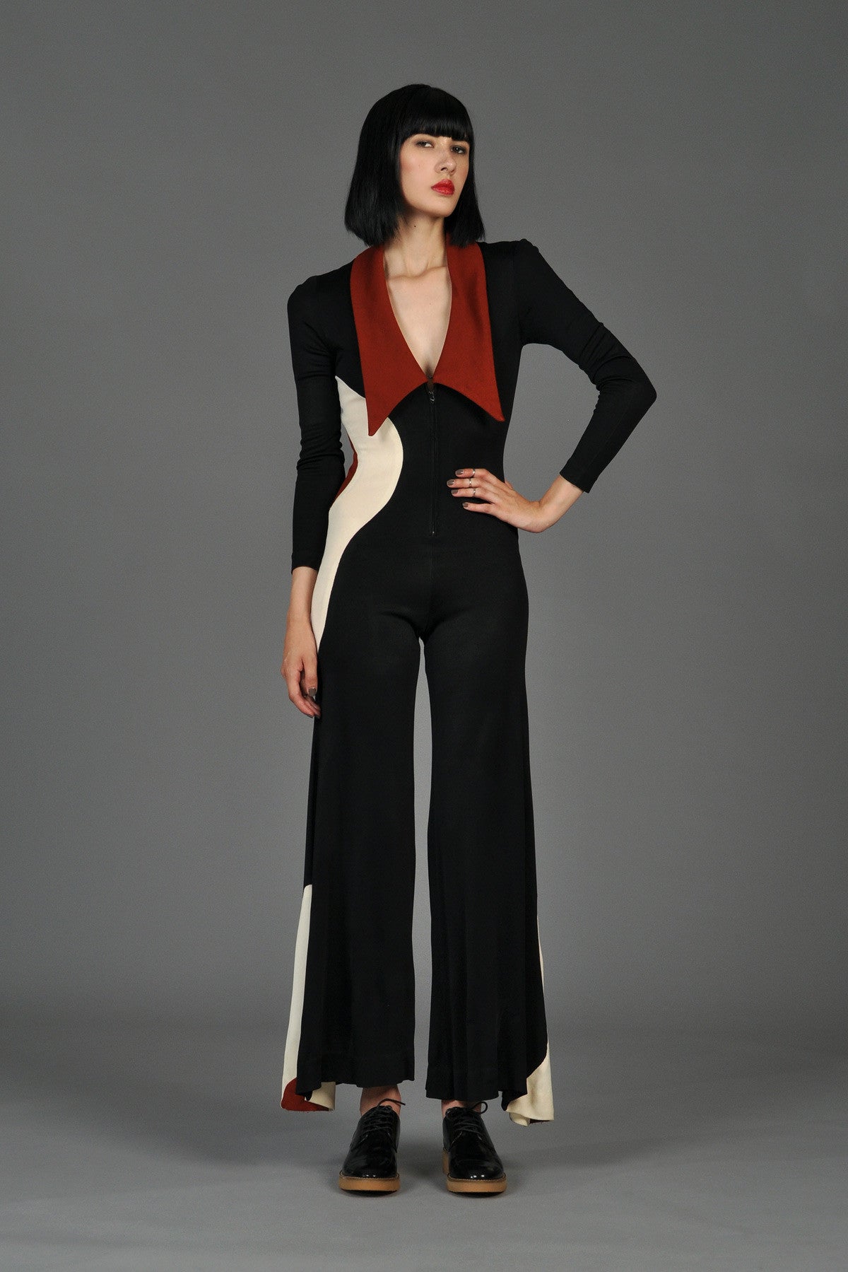 Graphic Mod Circle Zip Front Bell Bottom Jumpsuit