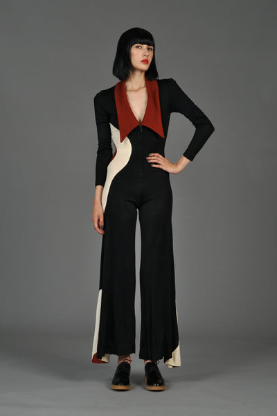 Graphic Mod Circle Zip Front Bell Bottom Jumpsuit