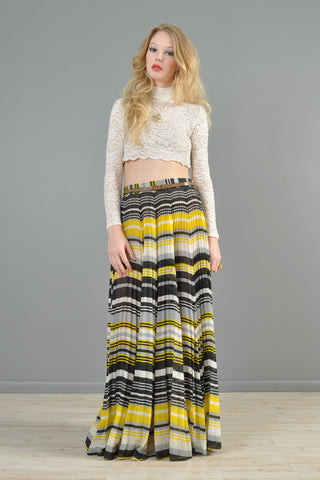 High-waisted 1970s Pleated Gauze Stripe Maxi Skirt