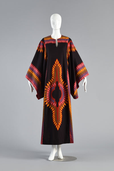 Stunning 70s Ethnic Cotton Graphic Caftan w/Kimono Sleeves