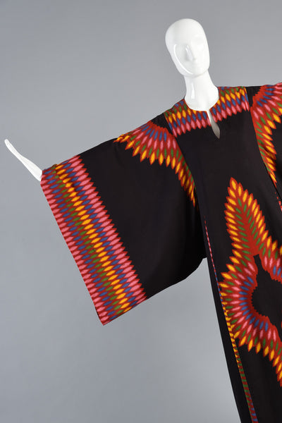 Stunning 70s Ethnic Cotton Graphic Caftan w/Kimono Sleeves
