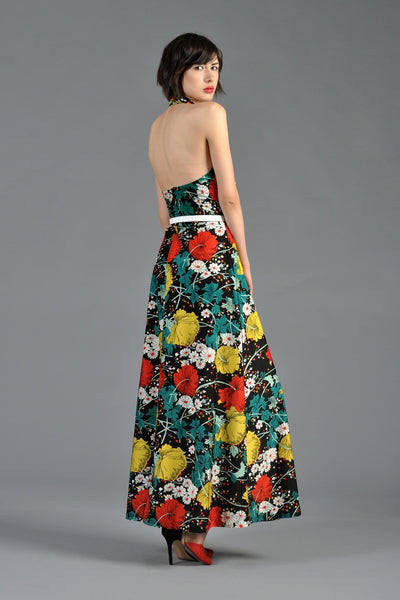 Graphic 1970s Backless Floral Maxi Dress w/Plunging Neckline