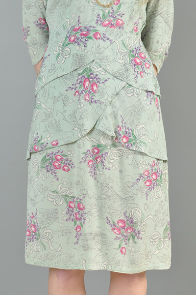 1940s Watercolor Novelty Print Peplum Dress