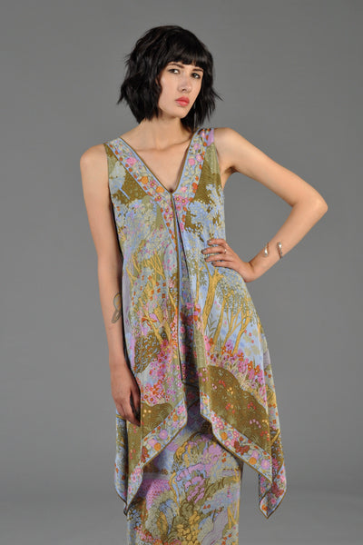 Tiered 1970s Silk Maxi Dress with Ethereal Forest Print