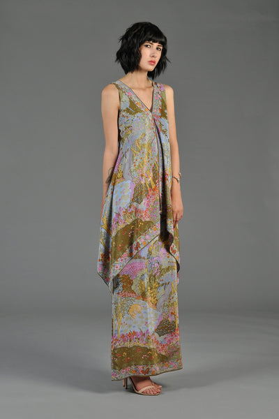 Tiered 1970s Silk Maxi Dress with Ethereal Forest Print