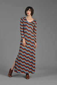Graphic 1970s Heartbeat Maxi Dress with Side Slit