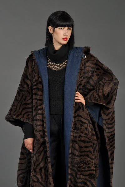Reversible Striped Fur + Denim Hooded Cape