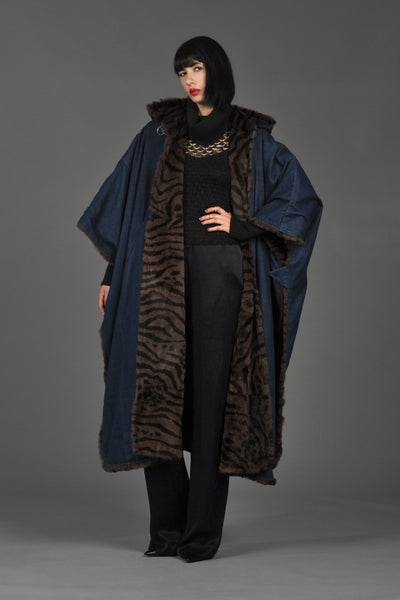 Reversible Striped Fur + Denim Hooded Cape