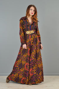 Kilim Printed 1970s Palazzo Jumpsuit with Coin Belt