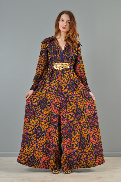 Kilim Printed 1970s Palazzo Jumpsuit with Coin Belt